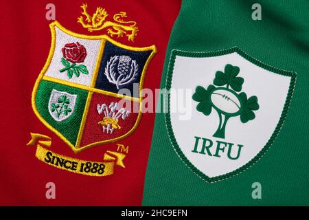 Primo piano della maglia dei Lions britannici e irlandesi e dell'Irlanda Foto Stock