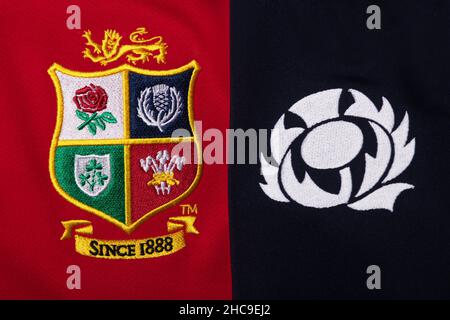Primo piano della maglia britannica e irlandese Lions e scozzese Foto Stock