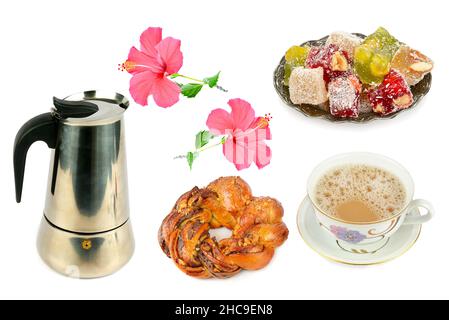 Caffè, caffettiera, boccetta e delizia turca isolato su sfondo bianco. Collage. Foto Stock