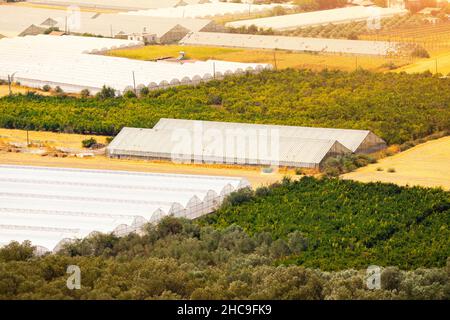 Vista aerea di varie serre e campi agricoli nella campagna della Turchia. Agricoltura e produzione di affari di verdure e frutta Foto Stock