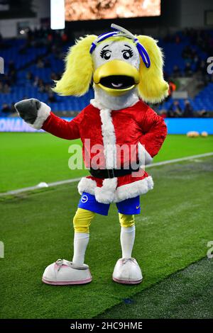 Brighton, Regno Unito. 26th Dic 2021. La mascotte di Brighton, Sally The Seagull, è di buon umore prima della partita della Premier League tra Brighton & Hove Albion e Brentford all'Amex il 26th 2021 dicembre a Brighton, Inghilterra. (Foto di Jeff Mood/phcimages.com) Credit: PHC Images/Alamy Live News Foto Stock