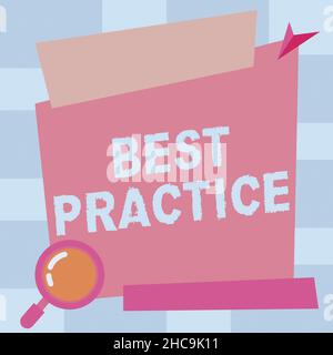 Testo che mostra la Best practice dell'ispirazione. Concetto significato metodo sistematico Touchstone Guidelines Framework Etic Magnifying Glass Drawing Searching Foto Stock