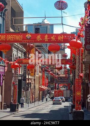 Natale in Little Bourke Street, quartiere di Chinatown di Melbourne, Australia Foto Stock