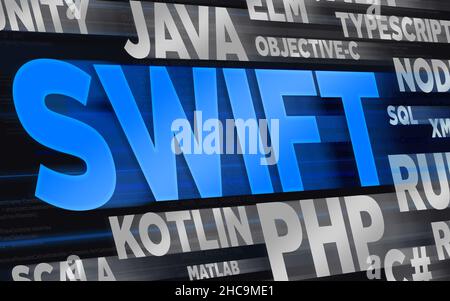 Un tema astratto e colorato con frasi provenienti da vari linguaggi di programmazione e titolo Swift in primo piano Foto Stock