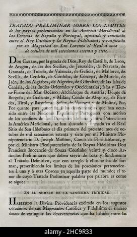 Primo Trattato di San Ildefonso (1 ottobre 1777). trattato preliminare sui limiti territoriali della Spagna e del Portogallo in Sudamerica. La corona portoghese cedette alla Spagna la metà meridionale dell'attuale Uruguay, compresa la Colonia del Sacramento. Anche le isole di Annobón e Fernando Poo nelle acque della Guinea. La Corona spagnola accettò il ritiro dell'isola di Santa Catarina, sulla costa brasiliana. Concordato e concluso da Re Carlo III di Spagna e Regina Maria i di Portogallo. Ratificata dal re a San Lorenzo de El Escorial il 11 ottobre di quell'anno. Raccolta dei trattati di Peac Foto Stock