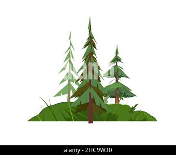 Pino. Piccolo paesaggio naturale. Illustrazione in stile cartoon design piatto isolato su sfondo bianco. Vettore. Illustrazione Vettoriale