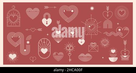 Elementi del giorno di San Valentino Boemo minimalisti, simboli e icone lineari dell'arte, cuore, labbra, sole e arcobaleno, modelli di design, disegno astratto geometrico Illustrazione Vettoriale