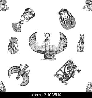 Modello senza giunture di disegno a mano stile faraoni egiziani e divinità isolati su sfondo bianco. Illustrazione vettoriale. Illustrazione Vettoriale