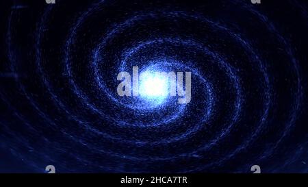 Astratto blu incandescente galassia spirale rotante su sfondo nero, loop senza cuciture. Stelle brillanti che girano attorno alla sfera della luce al neon. Foto Stock