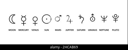 Simboli dei dieci pianeti in astrologia. Mercurio, Venere, Marte, Giove, Saturno, Sole, Luna, Urano, Nettuno e Plutone. Foto Stock