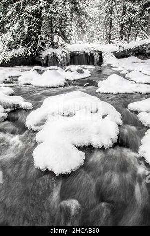 Un closeup verticale di rocce coperte di neve e ghiaccio in un fiume che scorre attraverso la foresta Foto Stock