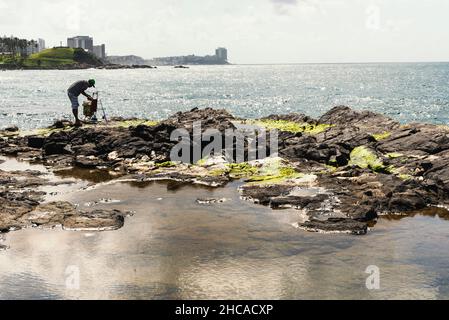 Salvador, Bahia, Brasile - 13 ottobre 2019: Vista della spiaggia di Farol da barra a Salvador, Bahia, in una giornata luminosa di sole. Foto Stock