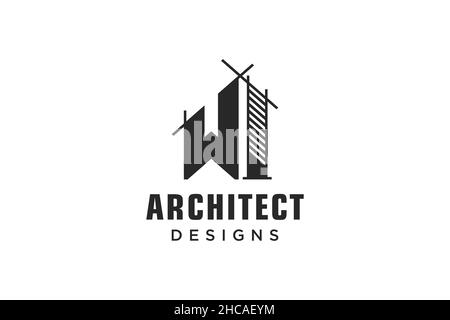 Letter W edificio semplice e moderno, design con logo e grattacielo line art Illustrazione Vettoriale