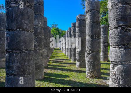 Colonne nel tempio dei mille guerrieri, Chichen Itza, Yucatan, Messico Foto Stock