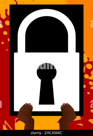 Banner con tenuta a mano con icona lucchetto. Uomo che mostra il cartellone. Sicurezza, concetto di sicurezza. Illustrazione Vettoriale