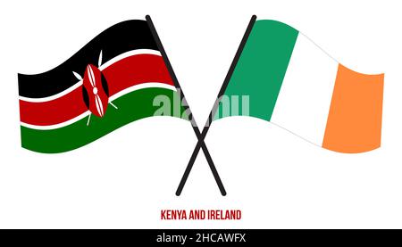 Kenya e Irlanda Bandiere attraversate e ondeggianti stile piatto. Proporzione ufficiale. Colori corretti. Illustrazione Vettoriale