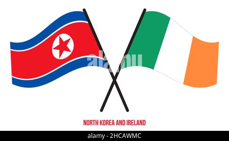 La Corea del Nord e l'Irlanda Bandiere incrociate e ondulate in stile piatto. Proporzione ufficiale. Colori corretti. Illustrazione Vettoriale