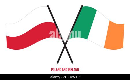 Bandiera di Polonia e Irlanda in stile piatto incrociato e ondeggiante. Proporzione ufficiale. Colori corretti. Illustrazione Vettoriale