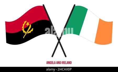 Angola e Irlanda Bandiere attraversate e ondeggianti stile piatto. Proporzione ufficiale. Colori corretti. Illustrazione Vettoriale