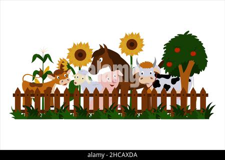 Animali da fattoria, mucca e vitello, maiale, pecora, cavallo sono in piedi alla recinzione, girasoli, mais, melo albero sono in fiore. Illustrazione Vettoriale