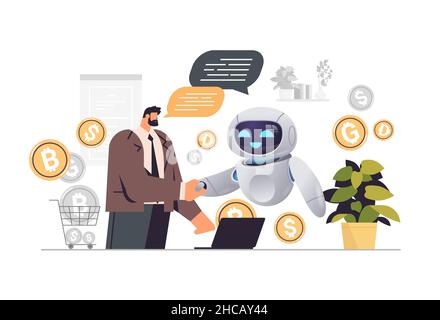 businessman e robot che scuotono le mani business partner handshake partnership tecnologia di intelligenza artificiale Illustrazione Vettoriale