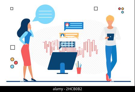 Piattaforma di chat online interna dell'azienda aziendale. Utenti di applicazioni di comunicazione live per team Office Illustrazione Vettoriale