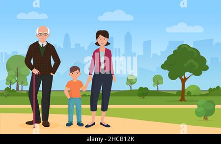 Passeggiate in città nonno e nonno madre nipote. Nonno che passa un po' di tempo all'aperto con la famiglia Illustrazione Vettoriale