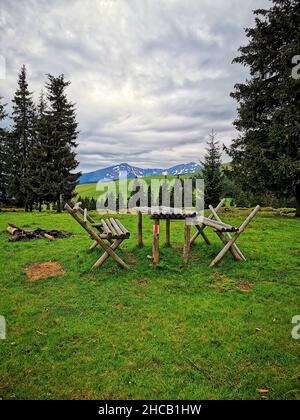 Un colpo verticale di panca e tavolo in legno di bambù in un campo contro montagne e cielo cupo Foto Stock