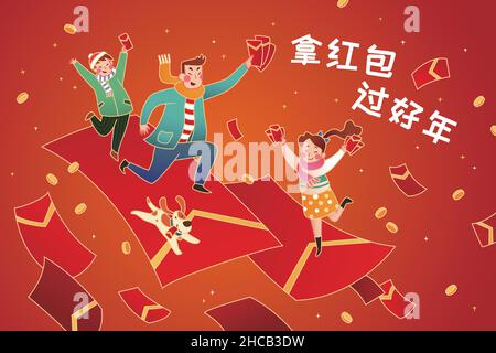 Biglietto d'auguri per busta CNY rosso. Illustrazione della famiglia asiatica che corre su pacchetti rossi che volano in aria. Traduzione: Prendere soldi fortunati e andare Illustrazione Vettoriale