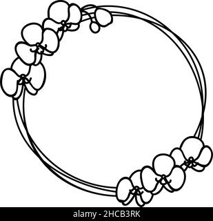 Illustrazione vettoriale di Doodle della corona stilizzata con fiori di orchidea. Cornice floreale rotonda per il testo Illustrazione Vettoriale