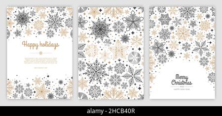 Buon Natale e Felice anno nuovo set di biglietti d'auguri, poster, copertine per le feste. Xmas Design con splendidi fiocchi di neve in stile moderno. Illustrazione Vettoriale
