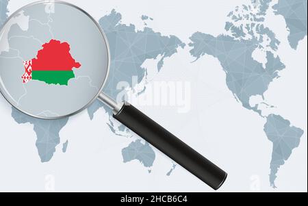 Mappa mondiale centrata in Asia con lente d'ingrandimento sulla Bielorussia. Focus sulla mappa della Bielorussia sulla mappa mondiale incentrata sul Pacifico. Illustrazione vettoriale. Illustrazione Vettoriale