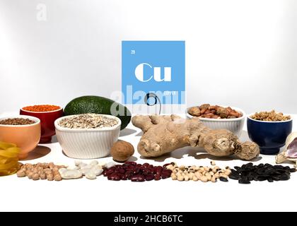 Set di prodotti naturali fonti di rame. Cibo contenente Cuprum. Cartello di cartone con l'iscrizione. Foto Stock