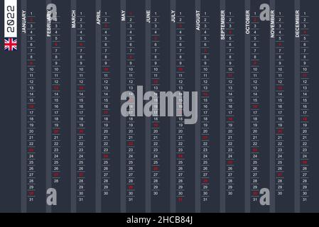 Calendario verticale di una fila per l'anno 2022 in inglese. Calendario in inglese per il 2022 con le domeniche evidenziate. Illustrazione vettoriale. Illustrazione Vettoriale