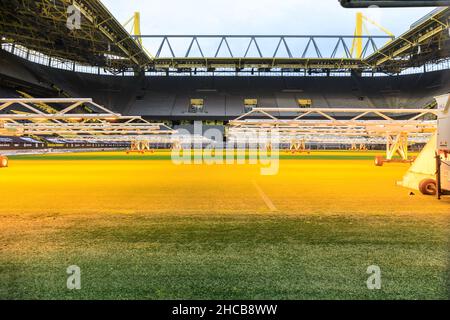 Stadio di calcio Borussia Dortmund BVB 09 vuoto, campo di calcio durante la manutenzione, Signal Iduna Park, Germania Foto Stock