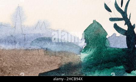 Schizzo orizzontale di riva del fiume nella città di Lucerna al tramonto disegnato a mano da acquerello su carta bianca testurizzata Foto Stock