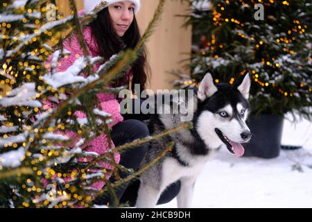 Minsk, Bielorussia, 25 dicembre 2021: Una donna tra gli alberi di Natale ha un Husky con occhi blu. Foto Stock