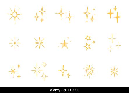 Line star glitter set di doodle. Lucentezza delle stelle, brillantezza delle scintille, illustrazione vettoriale della luce scintillante. Disegno a mano dello stile del doodle dello schizzo. Illustrazione Vettoriale