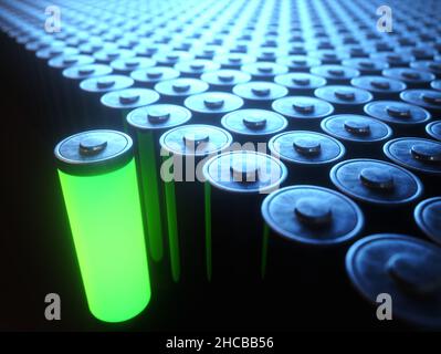 Illustrazione 3D, immagine concettuale del riciclaggio della batteria, energia rinnovabile. Foto Stock