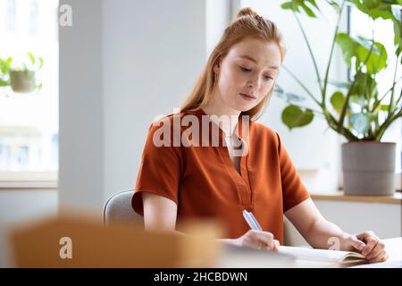 Sorridente giovane donna d'affari seduta alla scrivania Foto Stock
