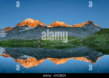 Konigspitze riflette sulla superficie del lago chiaro al crepuscolo Foto Stock