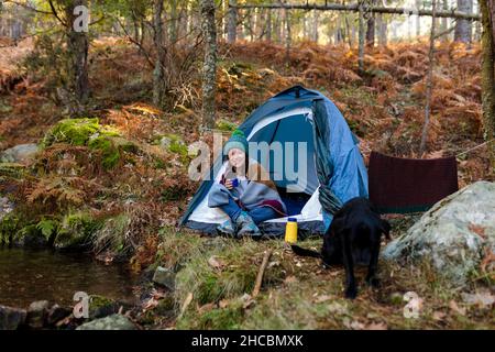 Donna sorridente che ha un caffè in tenda nella foresta d'autunno Foto Stock