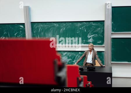 Donna d'affari che dà la presentazione di fronte alla lavagna Foto Stock