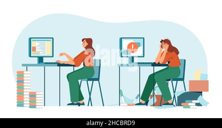 Piena di energia e stanca lavoratore da ufficio donna esausta sul posto di lavoro. Livelli di energia alti e bassi. Sindrome da burnout professionale. Concetto piatto di stress, lavoro eccessivo, stanchezza e problemi di salute mentale Illustrazione Vettoriale