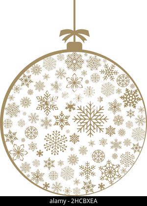Natale ornato vettore bauble con simboli fiocchi di neve in oro. Elementi di Natale e decorazione su sfondo bianco. Illustrazione Vettoriale
