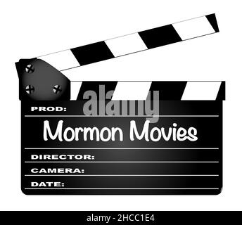 Un tipico film clapperboard con la leggenda Mormon Movies isolato su bianco. Foto Stock