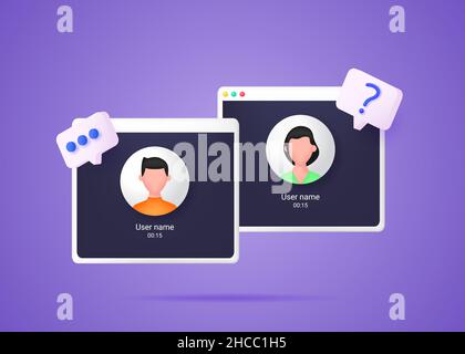 Riunione online. Le persone comunicano tra loro tramite collegamento video. Schermata videochiamata. Illustrazione del vettore 3D. Illustrazione Vettoriale