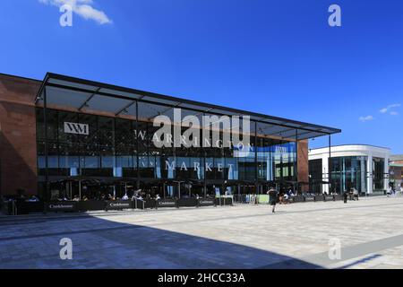 Warrington Market, Time Square, Warrington City Centre, Cheshire, Inghilterra, REGNO UNITO Foto Stock