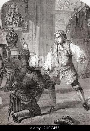 Giorgio II riceve notizie della morte di suo padre da Walpole, 1727. Giorgio II, 1683 - 1760. Re di Gran Bretagna e Irlanda, duca di Brunswick-Lüneburg (Hannover) e principe-elettore del Sacro Romano Impero. Robert Walpole, 1st Conte di Orford, 1676 – 1745, alias Sir Robert Walpole. Statista britannico, politico di Whig e primo primo primo ministro della Gran Bretagna. Dalla storia illustrata dell'Inghilterra di Cassell, pubblicato c.1890. Foto Stock