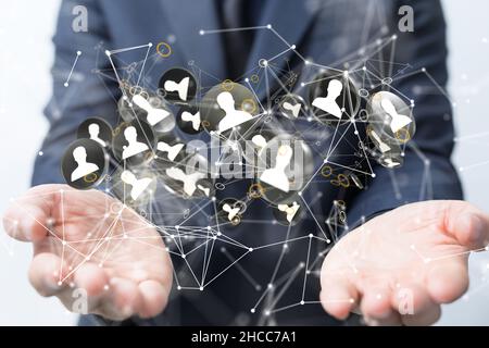 Primo piano delle mani dell'uomo che reggono il gruppo di rendering 3D di icone a profilo grigio. Foto Stock